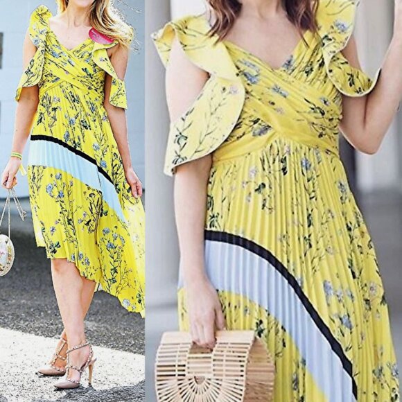self-portrait Yellow Floral Asymmetric Pleated Cross Dress US 0 / UK 4 NWT - Picture 1 of 16